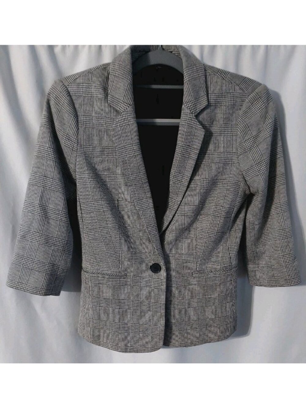 Express Glen Womens Jacket Size Small 3/4 Sleeve Gray Plaid Stretch Length 33"